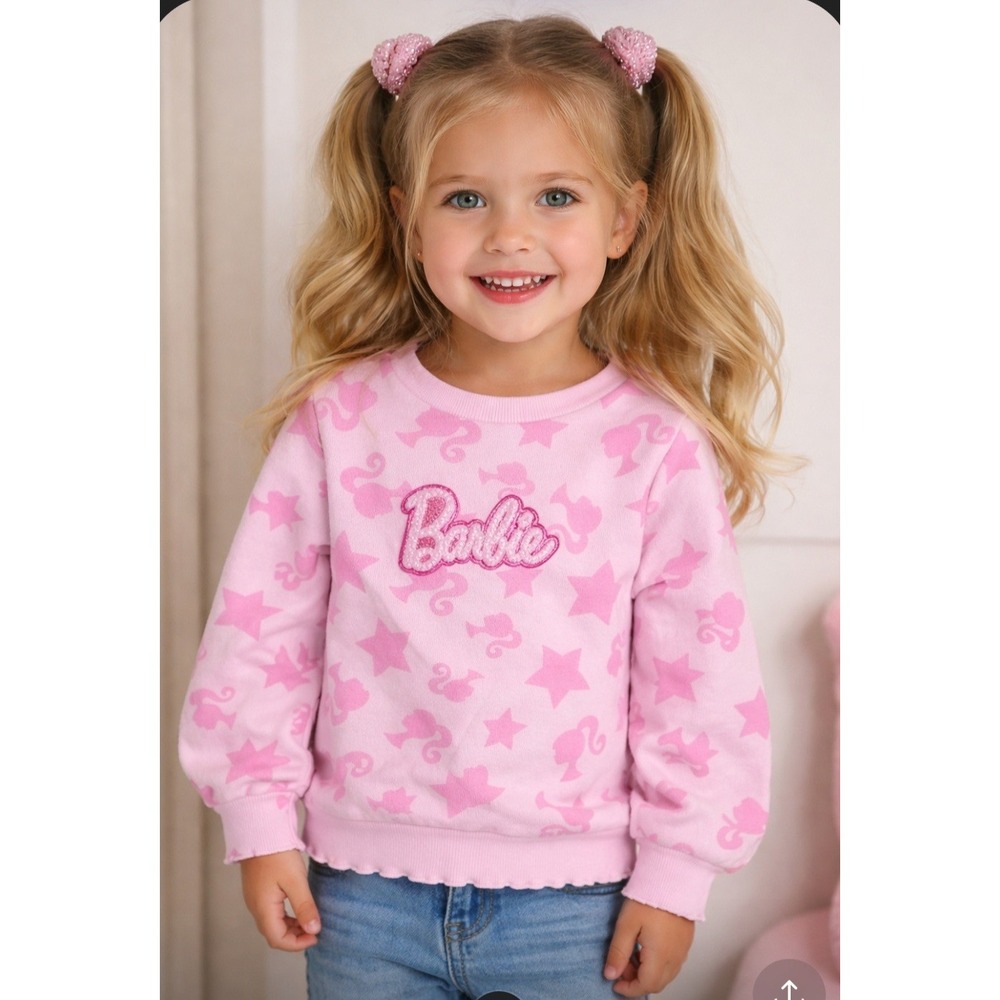 Barbie Girls Pink Star Silhouette Sweatshirt Glitter Logo Fleece Pullover 5T